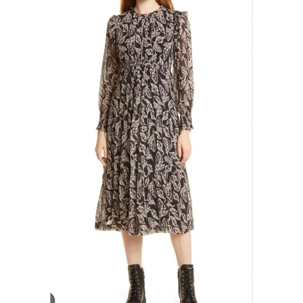 Ba&Sh Gilda Noir Leaf Print Tiered Midi Dress Black Purple Women Size Small